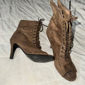 JOE FRESH?Brown, open toe high heels lace up boots